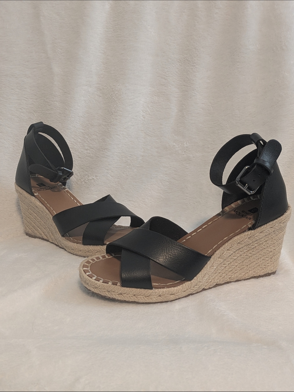 White Mountain Black Ankle-Strap Wedge Espadrille Sandals